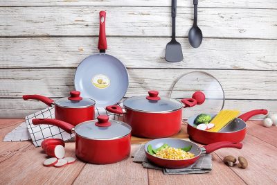 Nonstick Aluminum Cookware Set With Glass Lids & Nylon Utensils (2)