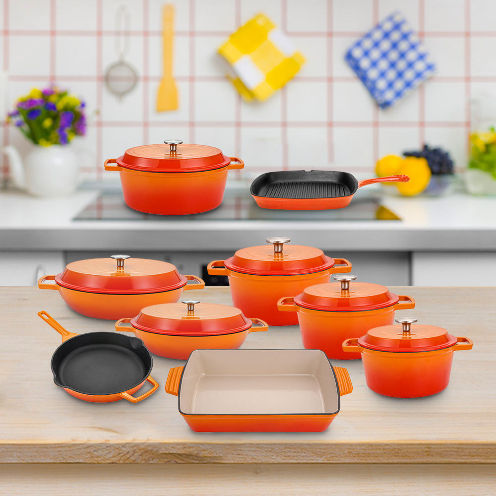 13-Piece Purple Enamel Cast Iron Cookware Set – Non-Stick Pots & Pans for Kitchen Use (7) 13-Piece Purple Enamel Cast Iron Cookware Set