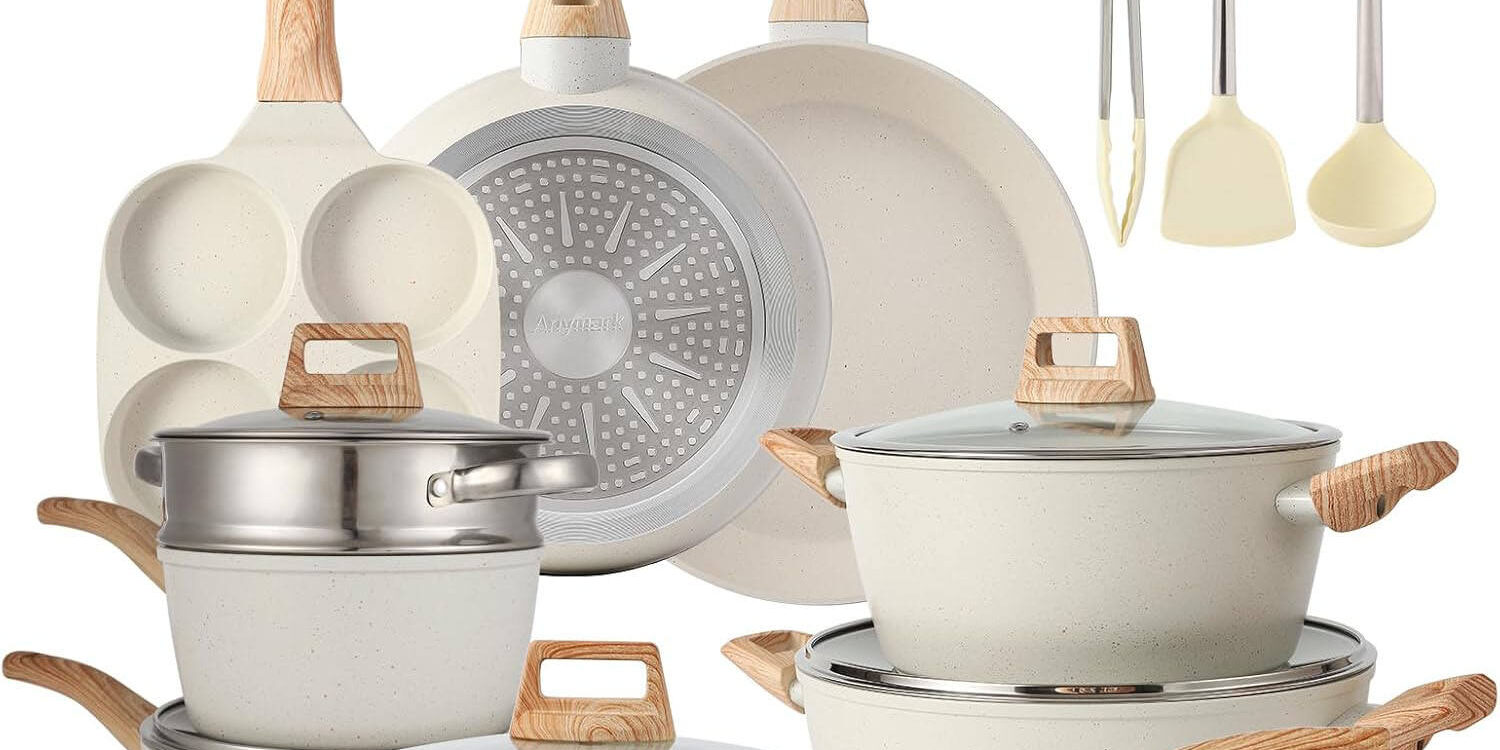 21-Piece White Ceramic Granite Non-Stick Cookware Set with Induction Bottom