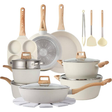 21-Piece White Ceramic Granite Non-Stick Cookware Set with Induction Bottom
