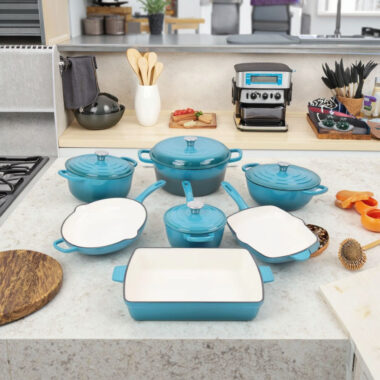 Red Enamel 7-Piece Cast Iron Cookware Set with Casserole and Lid