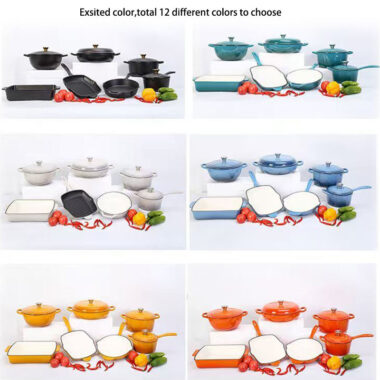 Red Enamel 7-Piece Cast Iron Cookware Set with Casserole and Lid