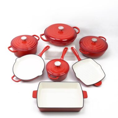Red Enamel 7-Piece Cast Iron Cookware Set with Casserole and Lid