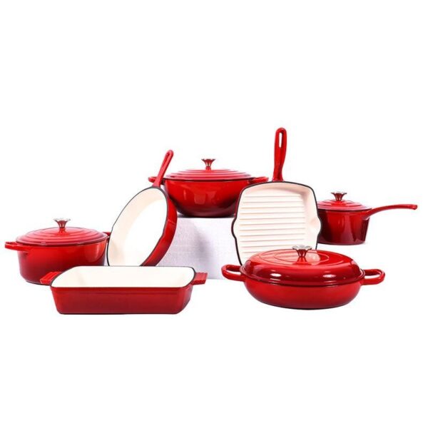 7-Piece Red Cast Iron Nonstick Cookware Set for Kitchen Use