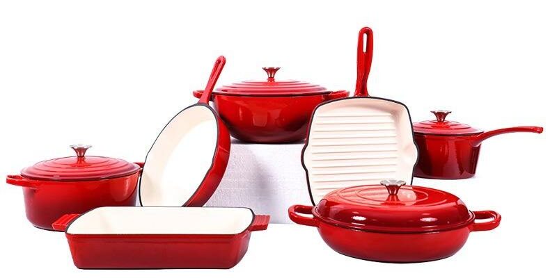 7-Piece Red Cast Iron Nonstick Cookware Set for Kitchen Use