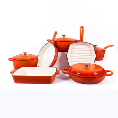 7-Piece Red Cast Iron Nonstick Cookware Set for Kitchen Use