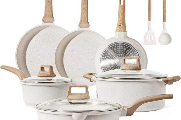 CAROTE 14-Piece Granite White Nonstick Cookware Set with Induction Base