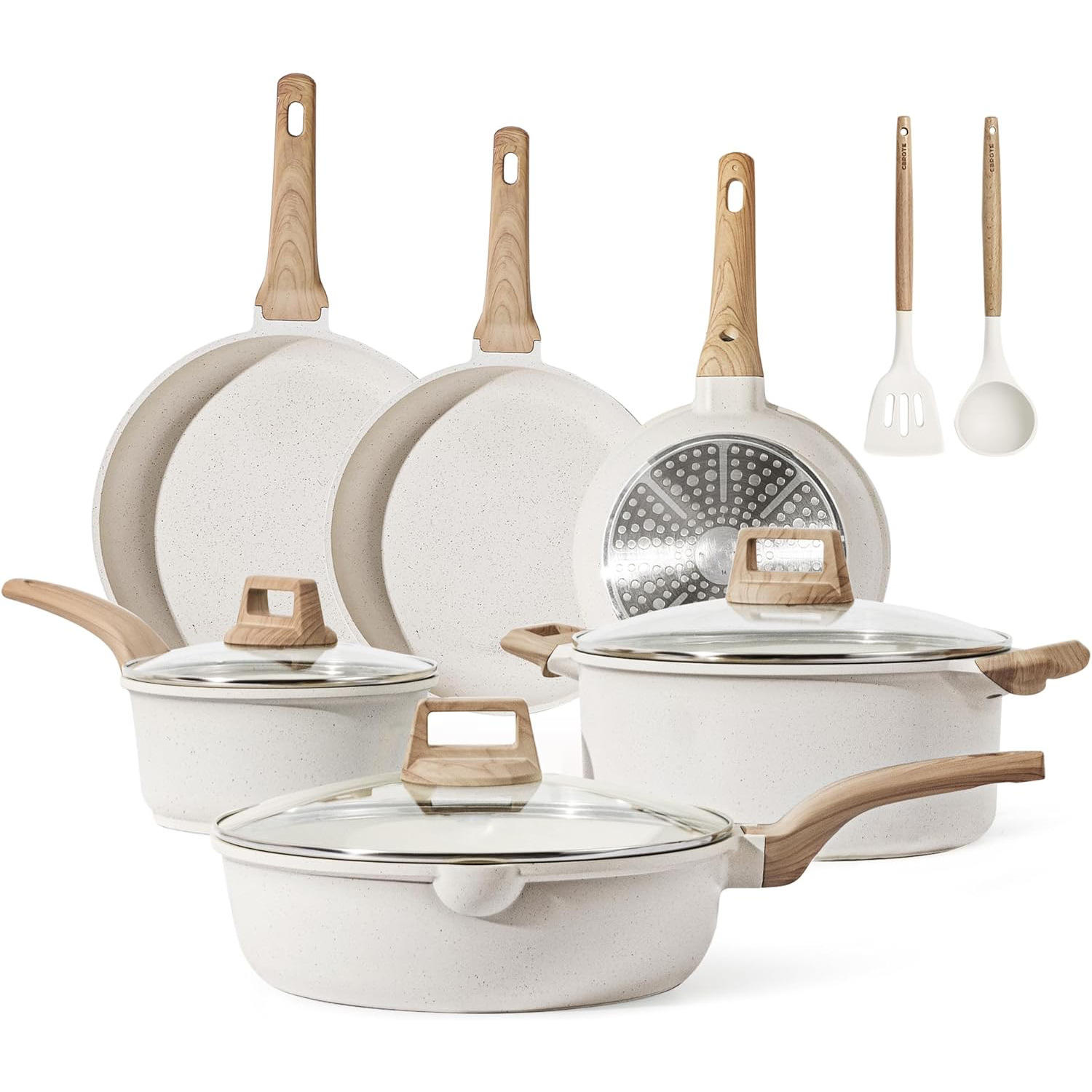 CAROTE 14-Piece Granite White Nonstick Cookware Set with Induction Base