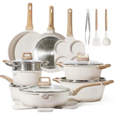 CAROTE 14-Piece Granite White Nonstick Cookware Set with Induction Base
