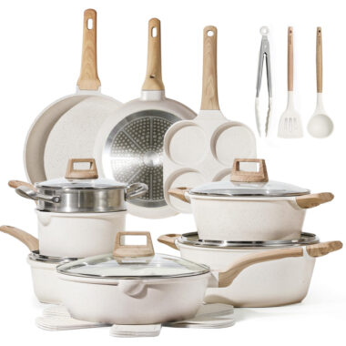 CAROTE 14-Piece Granite White Nonstick Cookware Set with Induction Base