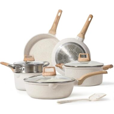 CAROTE 14-Piece Granite White Nonstick Cookware Set with Induction Base