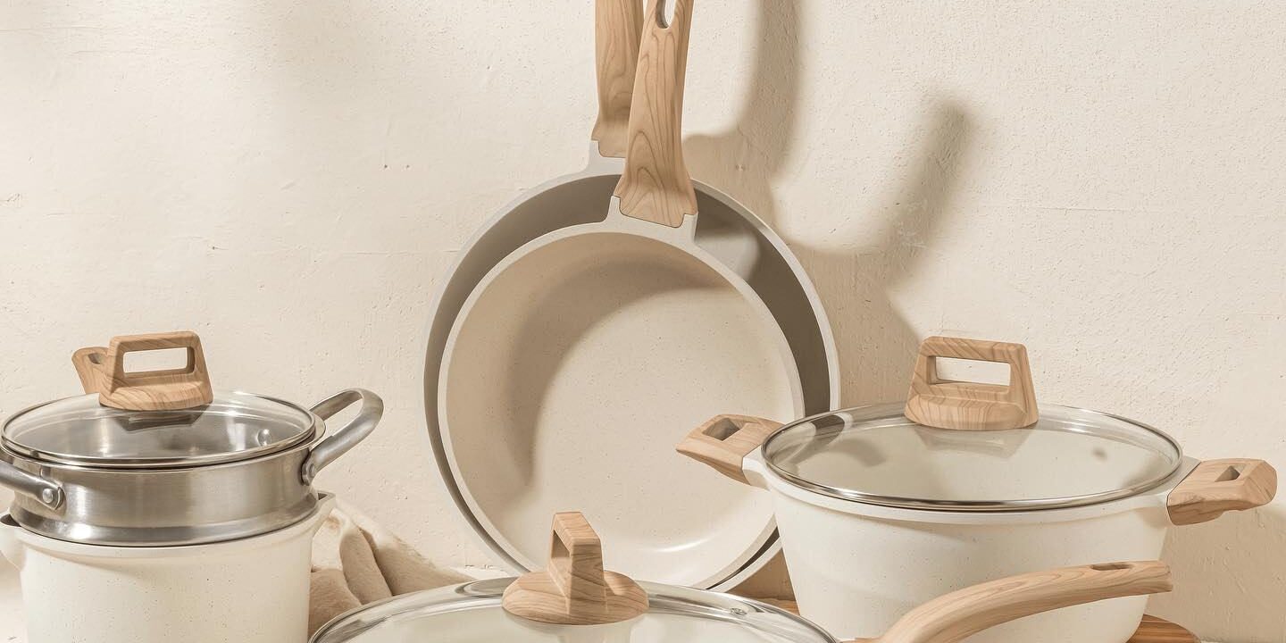 CAROTE 14-Piece Granite White Nonstick Cookware Set with Induction Base