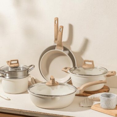 CAROTE 14-Piece Granite White Nonstick Cookware Set with Induction Base